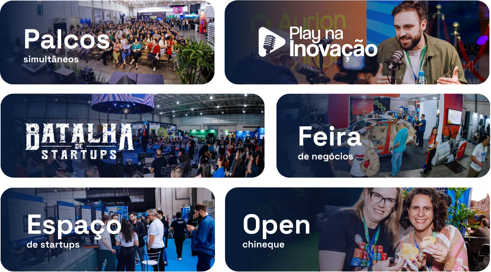 Experiências que marcam: palcos simultâneos, Play na Inovação, Batalha de Startups, Feira de negócios, Espaço de startups e Open chineque